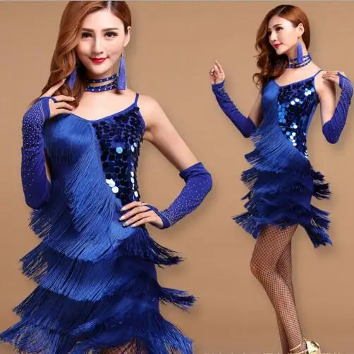 Elegant Sexy Unequal Women Girls Sequin Fringe Tassel Skirt Ladies Latin Tango Ballroom Salsa Dance Dress
