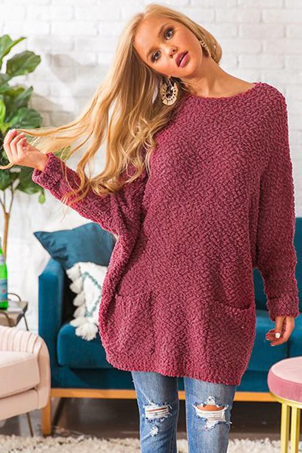 Echoine Apricot/Gray/Red Winter Autumn Break Knit Tunic Sweater Women Casual O Neck Long Sleeve Loose Pockets Tops | Женская одежда
