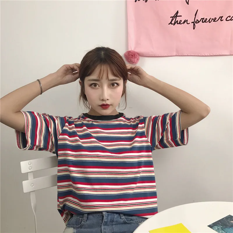 Футболка Femme 2019 Летняя женская одежда корейский стиль Ulzzang Harajuku полосатая