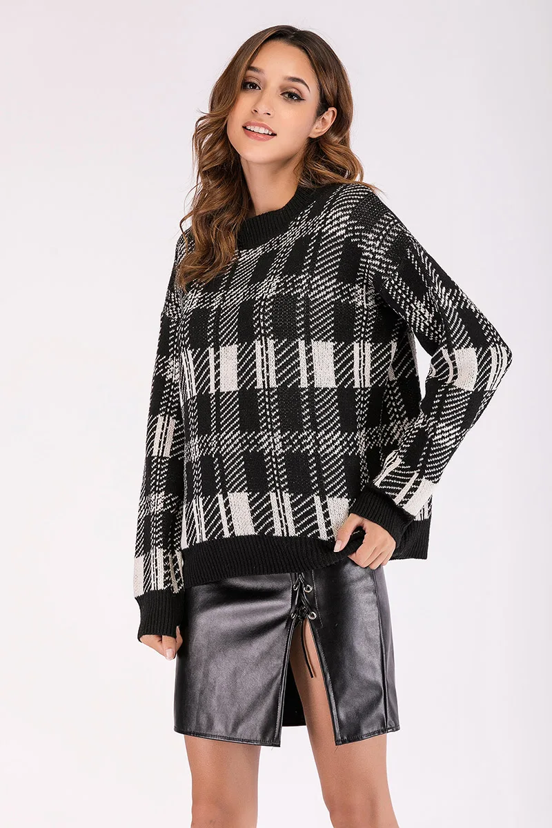 Winter O-Neck Sweater Women Pullover Warm Female Plaid Print Wild Basic Autumn Knitted Loose | Женская одежда