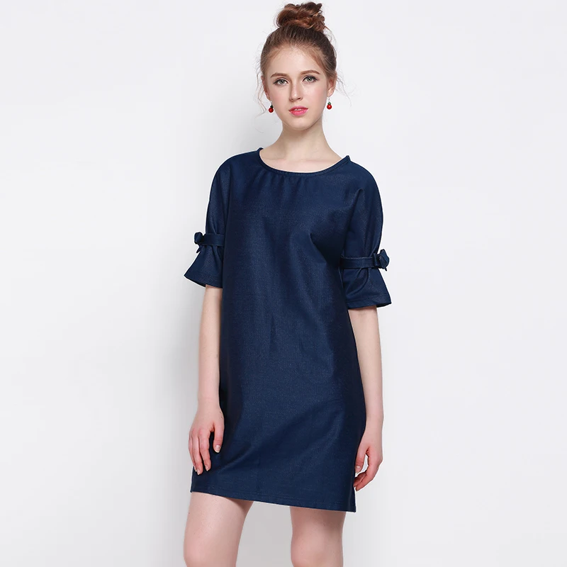 2016 Летом Дизайнер женские Платья Синий Половина Рукава Твердые Мода Марка