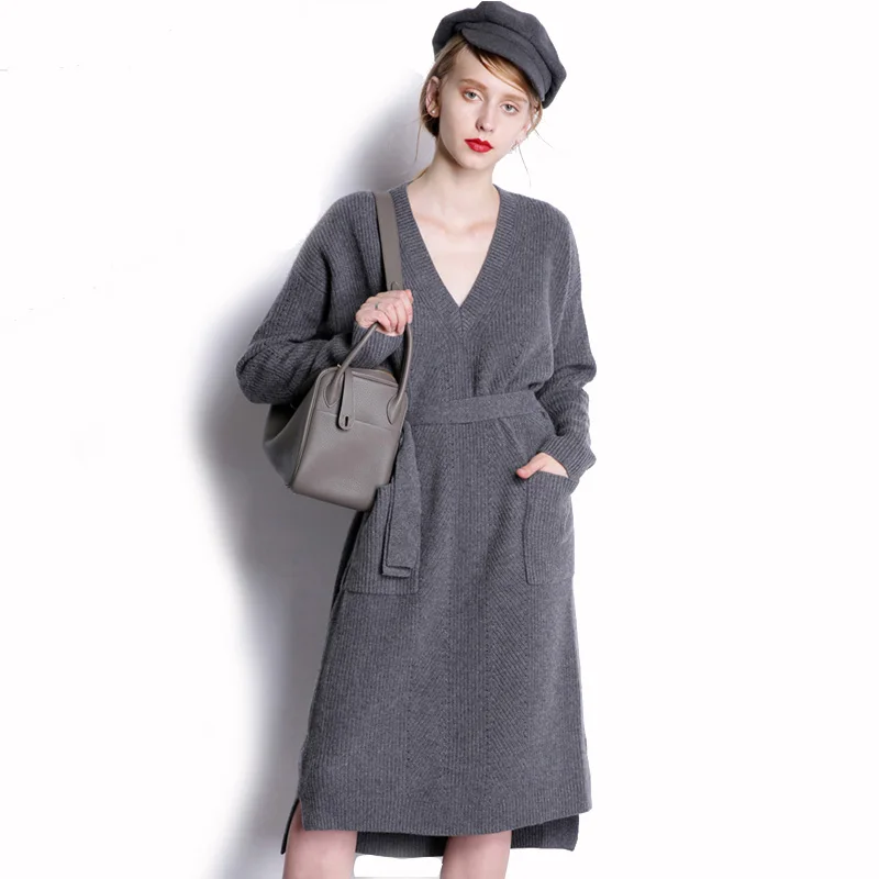 Женское кашемировое платье свитер до колен с поясом|dress vestidos|sweater dressstyle dress |