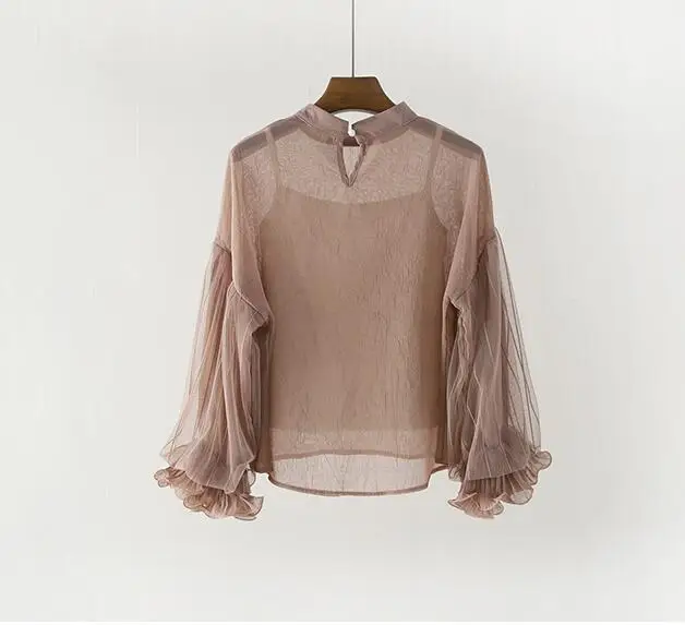 41986 dark pink Woherb, летний комплект из двух предметов, женская шифоновая блузка, корейские милые кружевные рубашки с рукавами-фонариками, прозрачные женские блузы - Цвет: 41986 dark pink