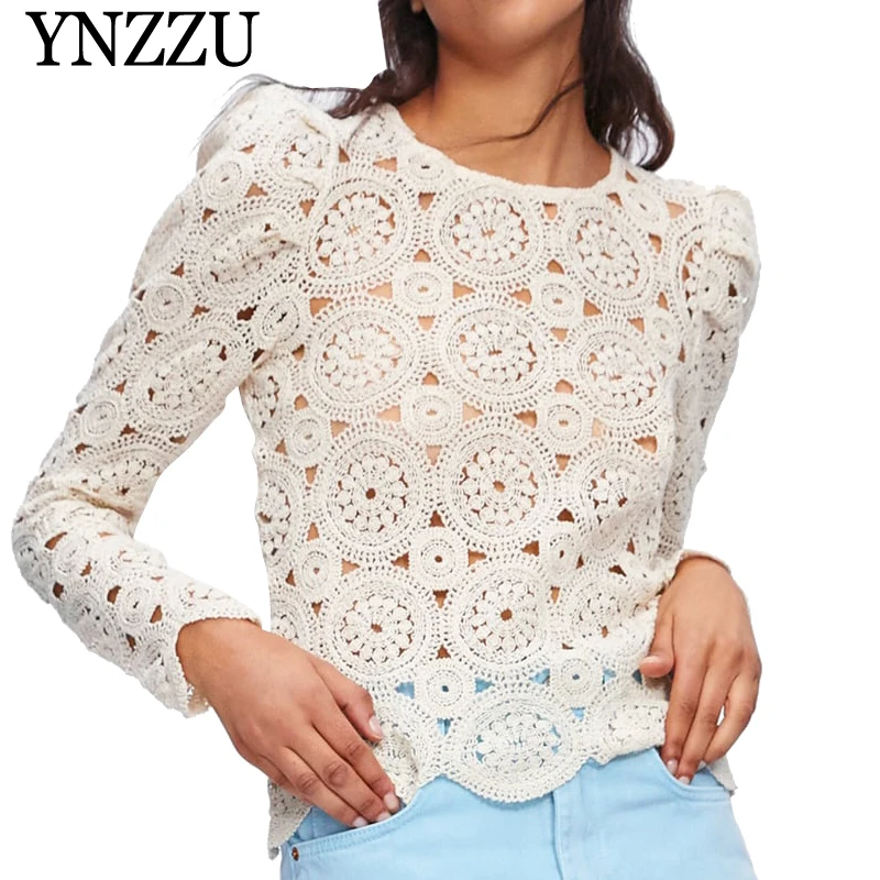 YNZZU 2019 Новое поступление бежевые женские кружевные топы с круглым вырезом