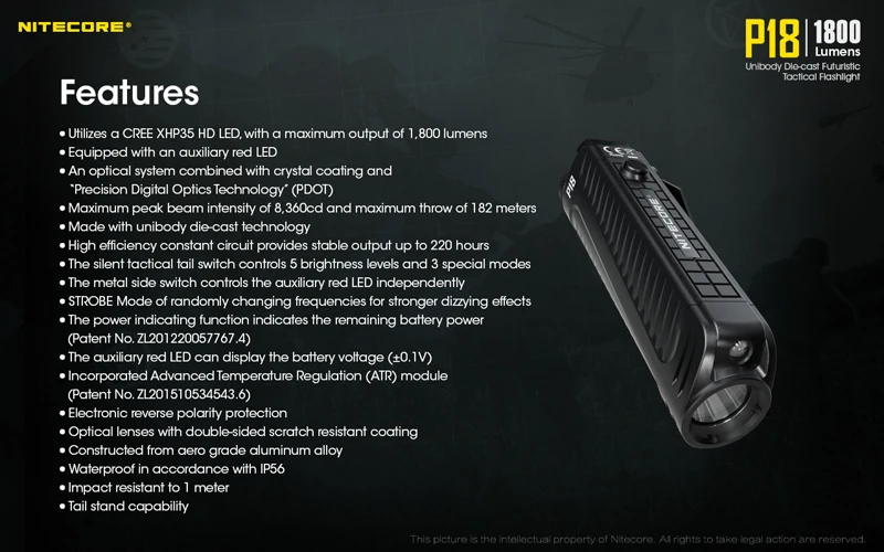 Nitecore P18 светодиодный вспышки света CREE XHP35 HD 1800 люмен светодиодный тактический фонарь с вспомогательный красный свет на 18650 Батарея
