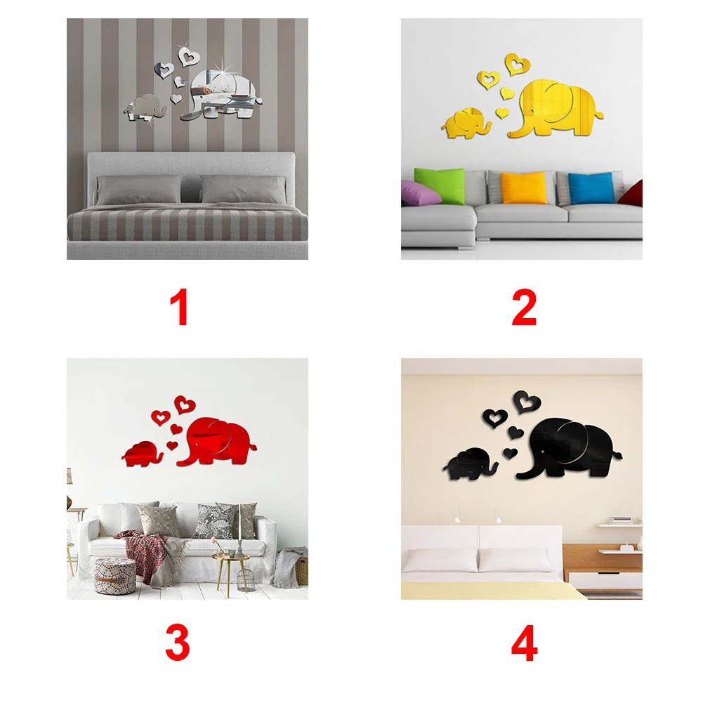 60*45cm New 3d Acrylic Decoration Love Small Elephant and heart Mirror Paste | Дом и сад