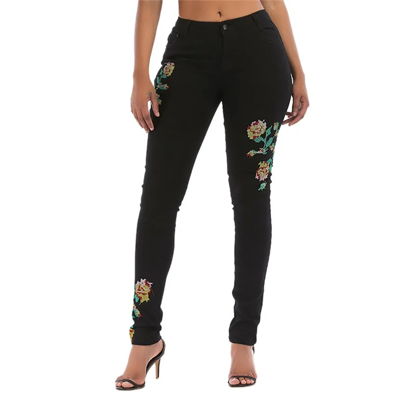 Женские облегающие джинсы с высокой талией и вышивкой большие размеры 2019| |