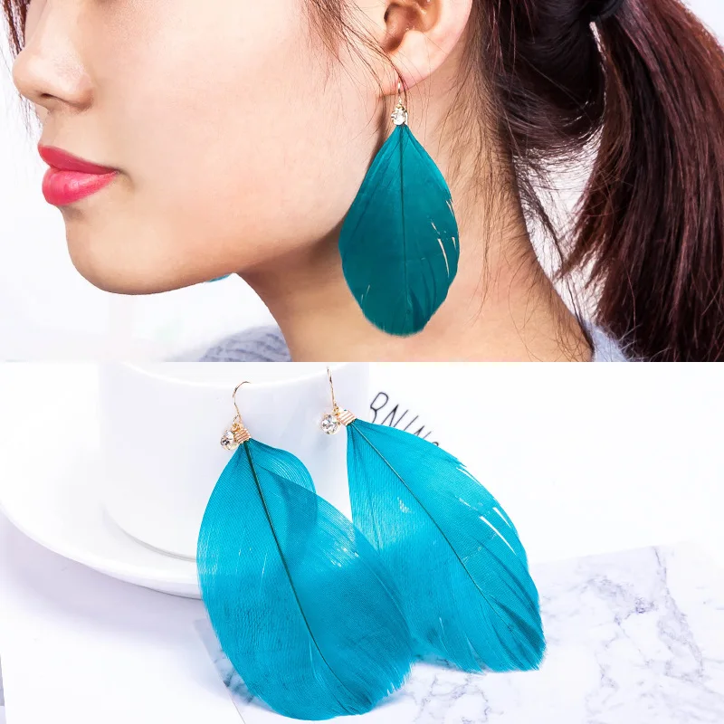 Серьги с кристаллом золото Цвет больших птичьих перьев висячие серьги длинной