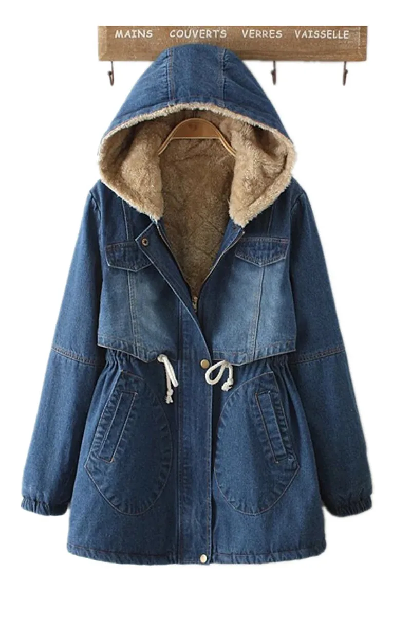 Women Denim Coat Winter 2022 Casual Print Patchwork Plus Velvet Thick Warm Loose Tops Outerwear Long Cotton Padded Jacket Female