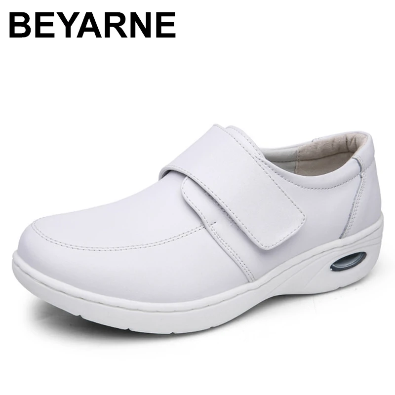 

BEYARNE 2018 Four Seasons Woman Pure white Nurse shoes women Platform soft Hook&Loop Air cushion casual genuine leather shoe