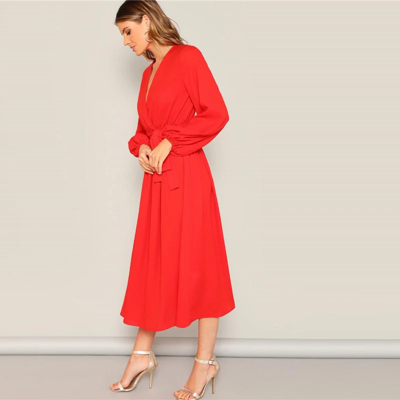 SHEIN Платье На Запах С Поясом, Оригинальным Рукавом И Глубоким V-образным Вырезом Одноцветное Платье Свободного Кроя