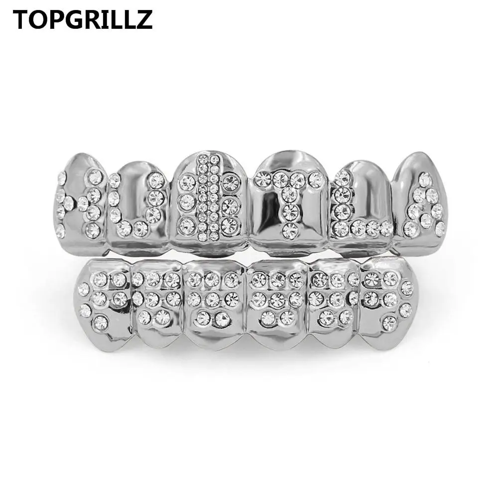 TOPGRILLZ золото цвет покрытием Iced Out письмо CZ камень хип хоп ЗУБЫ для рот GRILLZ шапки Топ и дно грили набор Классический зуб - Окраска металла: silver