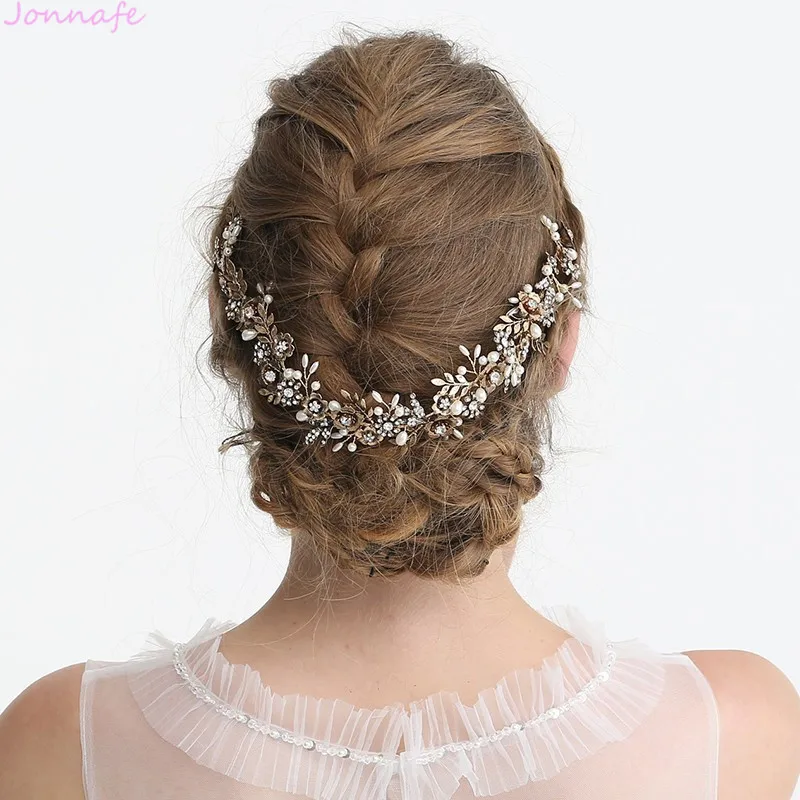 

Jonnafe Antique Gold Flower Bridal Headpiece Leaf Headband Wedding Tiara Hair Vine Accessories Handmade Women Hair Jewelry