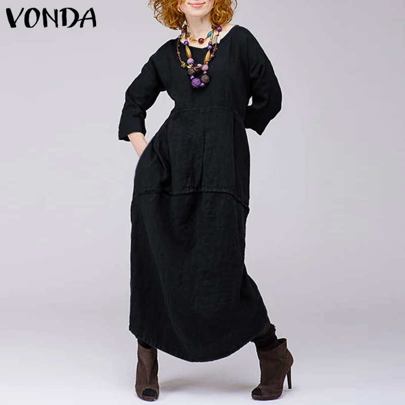 VONDA размера плюс, женское длинное платье макси, осень, повседневное, свободное, о-образный вырез, пэтчворк, черные платья, Ретро стиль, длина до лодыжки, Vestidos