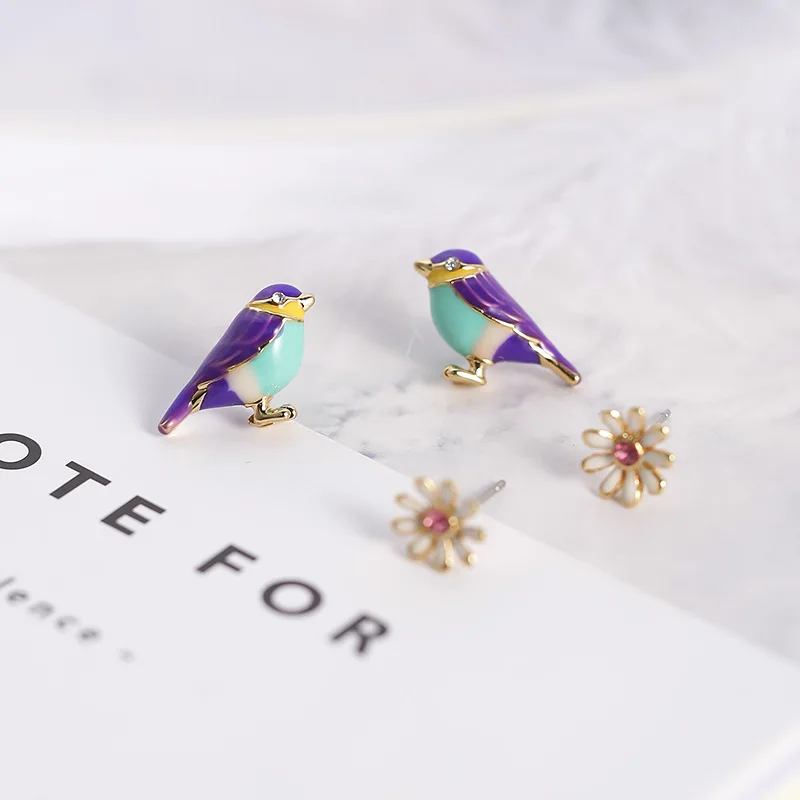 Earrings 1 Анис Симпатичные Хрустальный цветок серьги птица Daisies Стразы Краски, серьги со шпилькой, для Для женщин модные Oorbellen ювелирные изделия из жемчуга 4 шт./компл - Окраска металла: Earrings 1