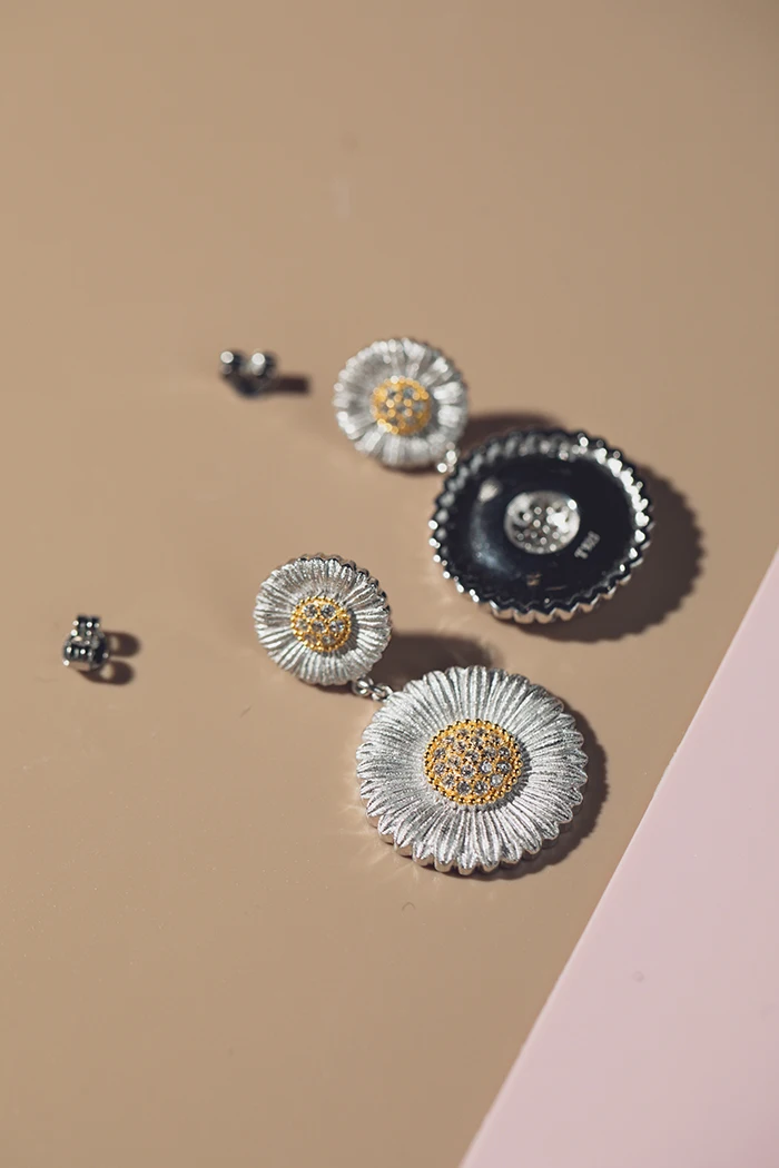 CMAJOR Solid Sterling Silver Jewelry Two Tone Vintage Elegant Daisy Bellis Perennis Drop Earrings For Women