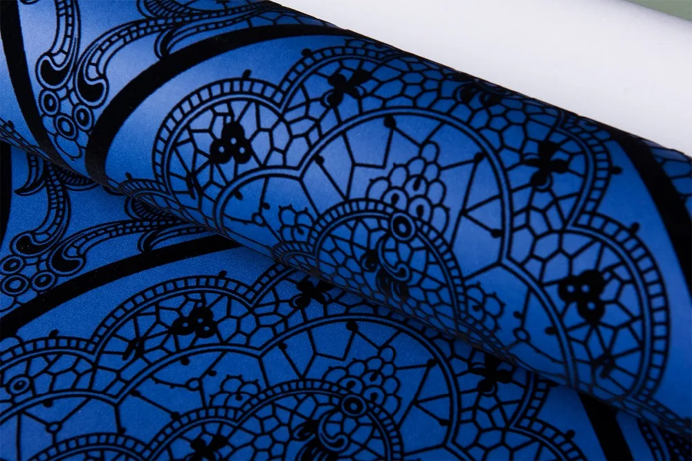 Новая дизайнерская синяя таинственная бумага дамасская бархатная ткань из флока