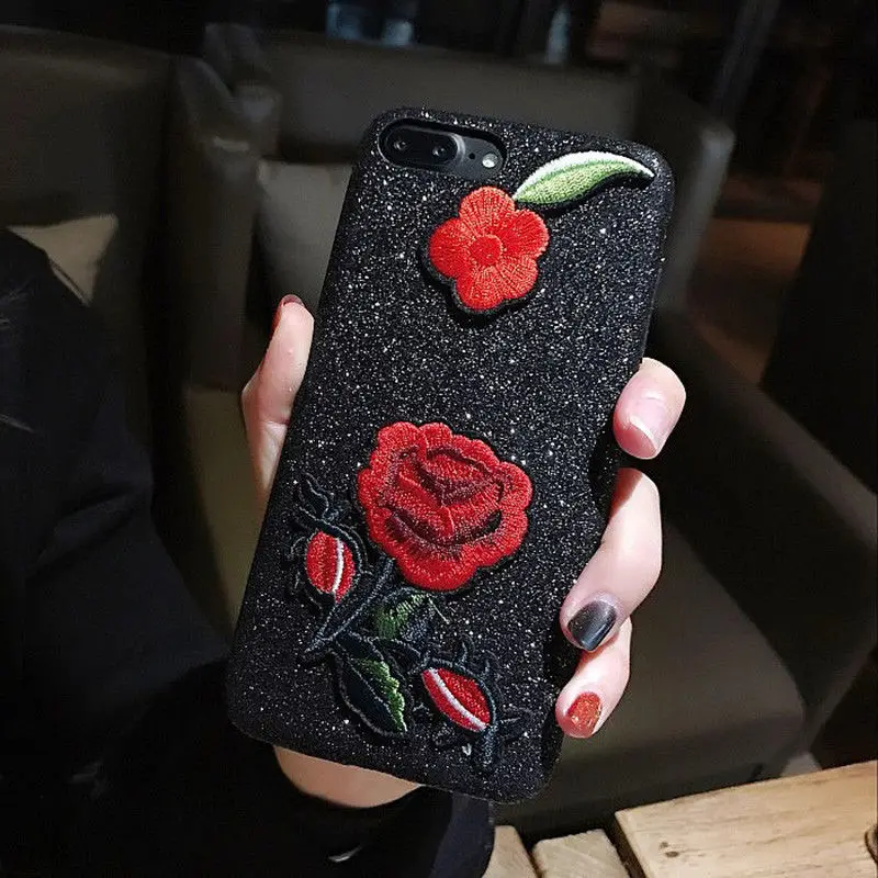 Вышивка розы чехол для iPhone 7 8 6 S плюс ручной работы 360 градусов роза с сияющими