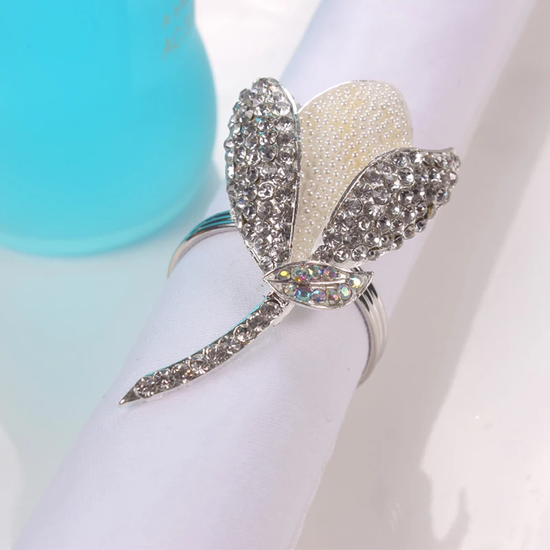

Shiny Silver Plating With White Pearls And Clear Rhinestones Jeweled Tulip Design Metal Alloy Napkin Rings Set Of 6 Pieces