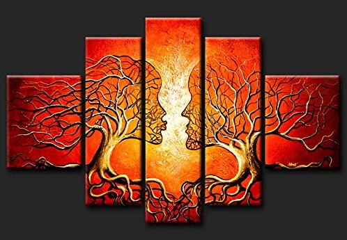 

Cherish Art 100% Hand Painted Oil Paintings Gift Lovers Kiss Tree 5 Panels Wall Picture For Home Decor