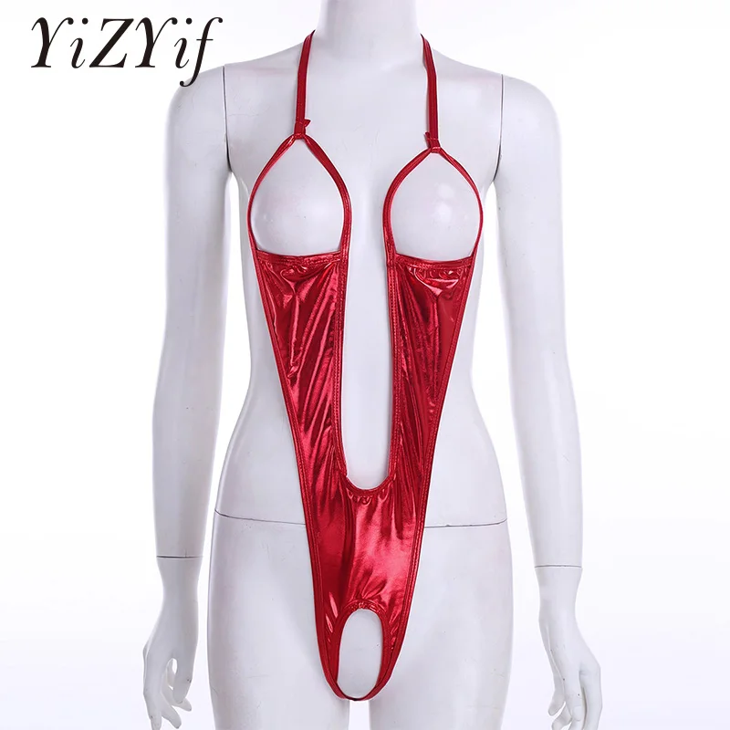 Women Sexy Lingerie Bodysuit one piece swimsuit Patent Leather Open Bust Backless Open Crotch Body suits Sleepwear Nightwear