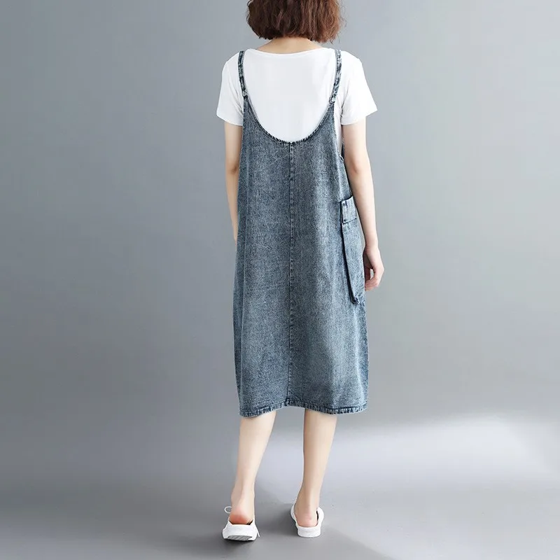 

Fashion Women's Dresses Baggy 2021 New Spring Summer Denim Dresses Loose Big Pocket Elegant Vintage V-Neck Dress Korean Vestidos
