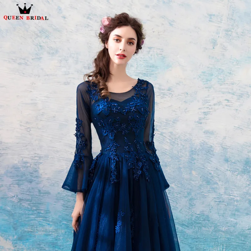 Темно-синий винтажные вечерние платья 2019 Мода а-силуэт длинный рукав тюль с