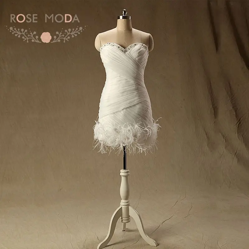 

Rose Moda Organza Short Wedding Dress with Feathers Destination Wedding Dresses Boho Ivory Short Reception Dress Real Photos