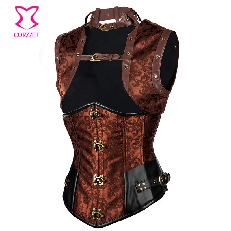 Коричневый стальной корсет с костями для талии подгрудное бюстье сексуальные