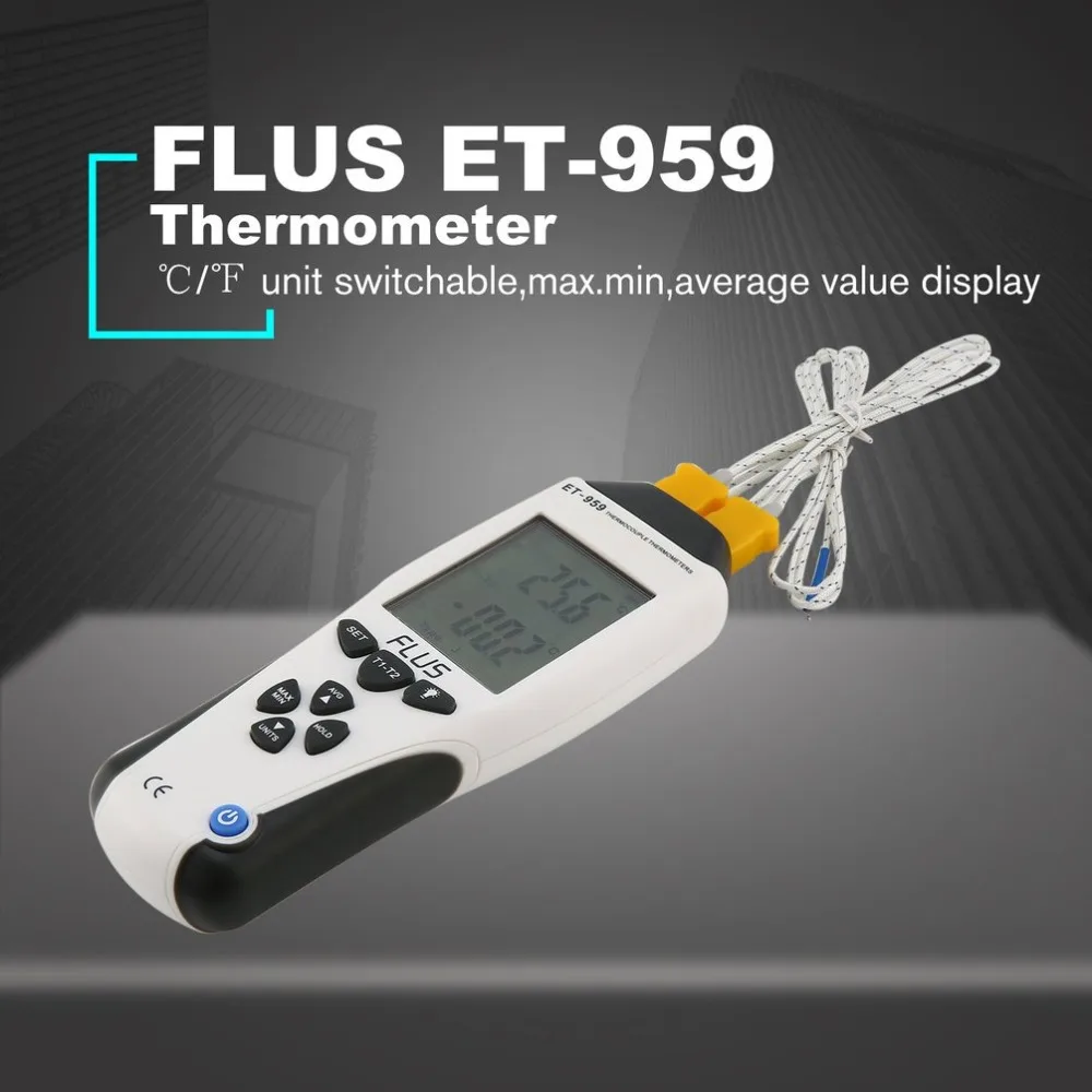 FLUS ET 959 цифровой двойной k тип j термопары термометр контактный измеритель