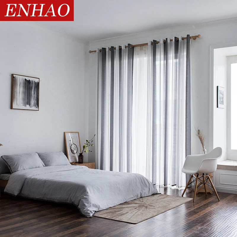 ENHAO Simplicity Striped Modern Tulle Curtains for Living Room Bedroom Kitchen Linen Window Voile Sheer Curtain | Дом и сад
