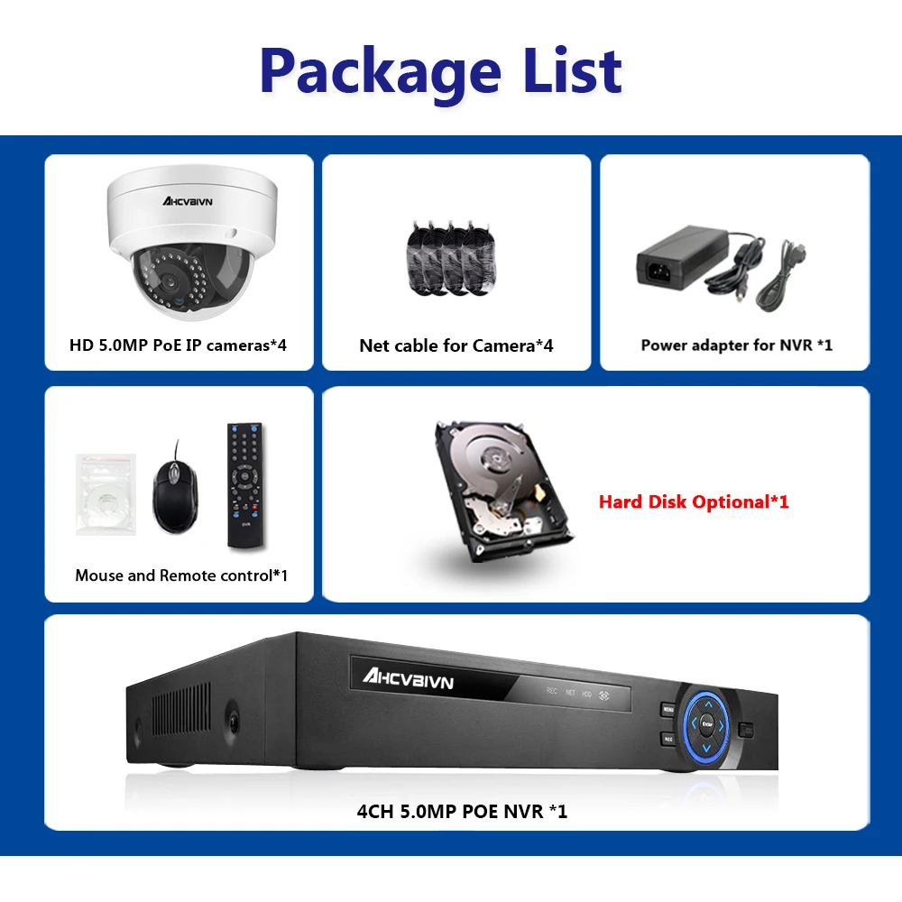 AHCVBIVN 5MP POE Комплект видеонаблюдения 4CH NVR CCTV камера системы 4 шт. мегапиксельная 5 Мп Всепогодная CCTV безопасности POE IP камера