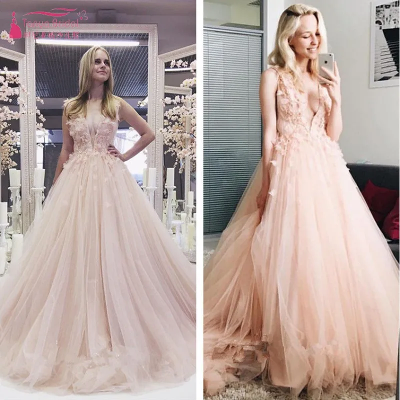 TANYA телесные Розовые Свадебные платья Vestido Noiva Простой Тюль Кружева Аппликации глубокий v-образный вырез сексуальное свадебное платье на заказ JQ435