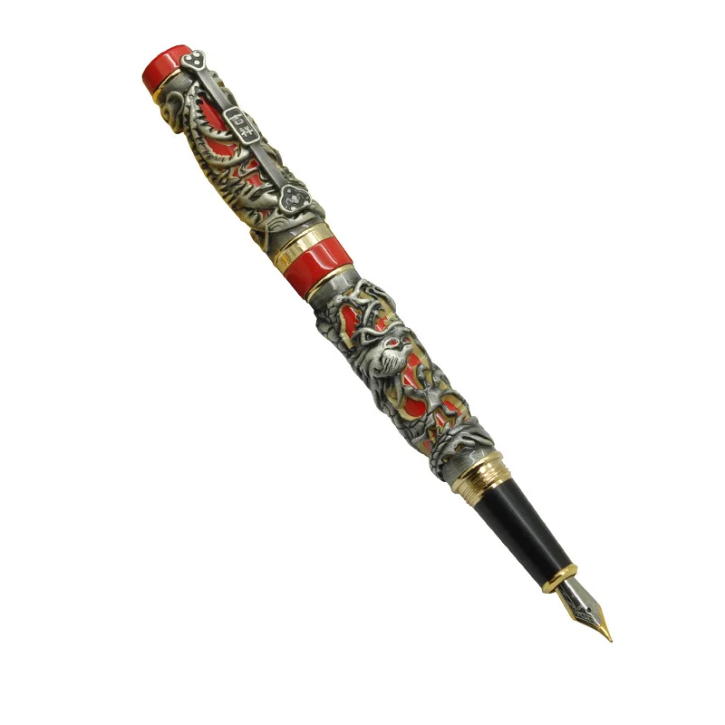Роскошные подарочные ручки Jinhao серый и красный 3D Дракон и Феникс перьевая ручка 0,5 мм Металлические чернильные ручки офисные принадлежности - Цвет: 3