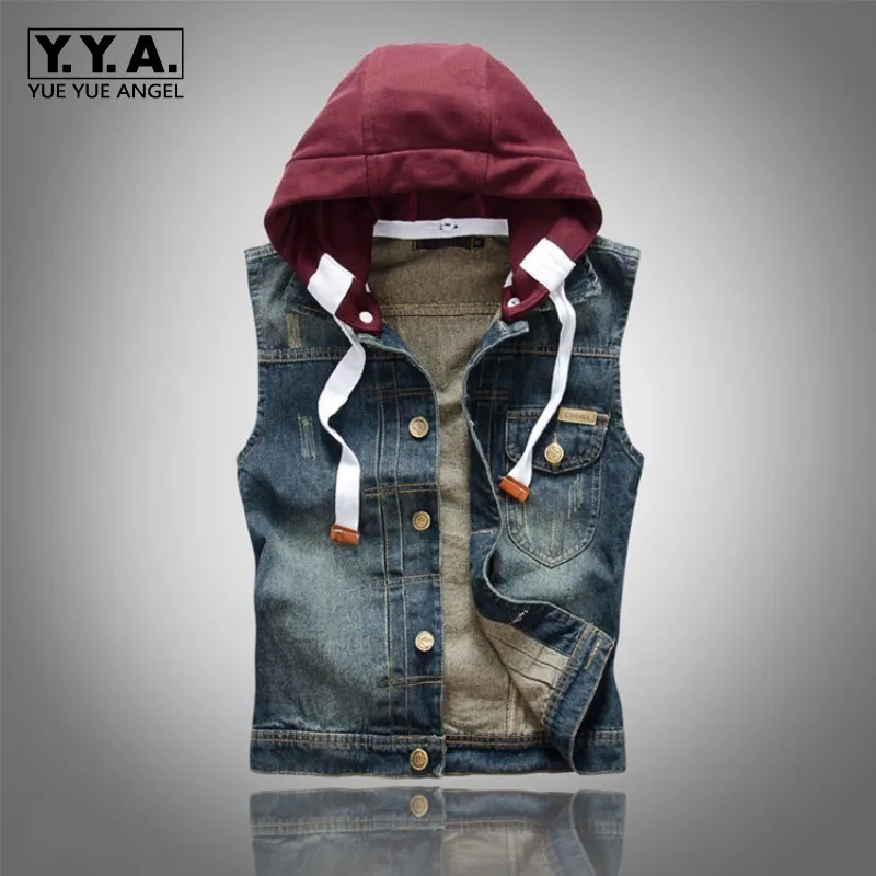 Осенний мужской жилет корейский Модный повседневный винтажный с капюшоном в