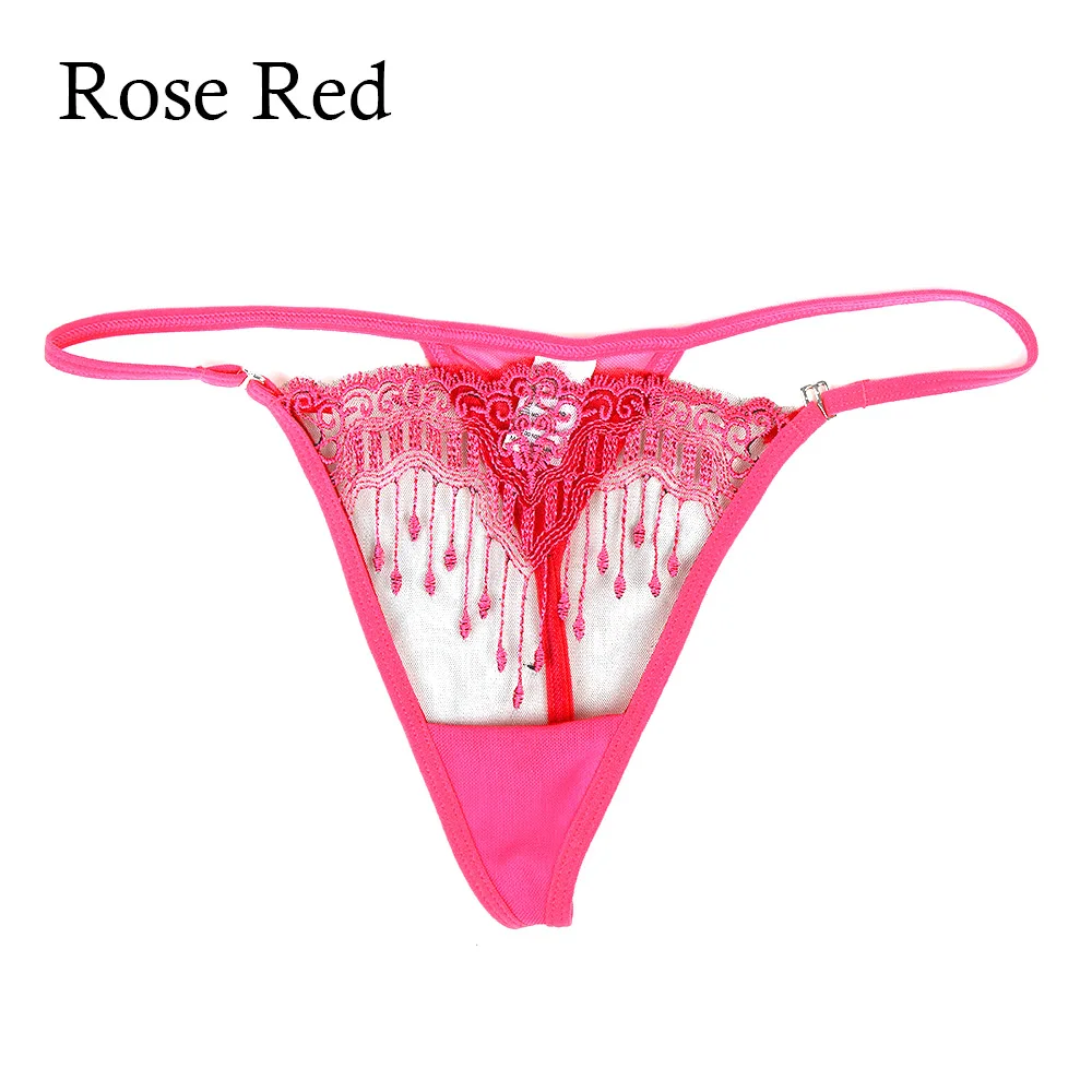 rose red 1 шт. сексуальные трусики стринги Женское нижнее белье Вышивка трусы, украшенные кисточками для дам сексуальные эротические прозрачные стринги нижнее белье - Цвет: rose red
