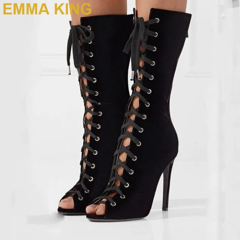 

Black Suede Peep Toe Ankle Boots For Women Cross-tied Lace Up Women High Heels Shoes Spring/Autumn Sexy Ladies Stiletto Bootie