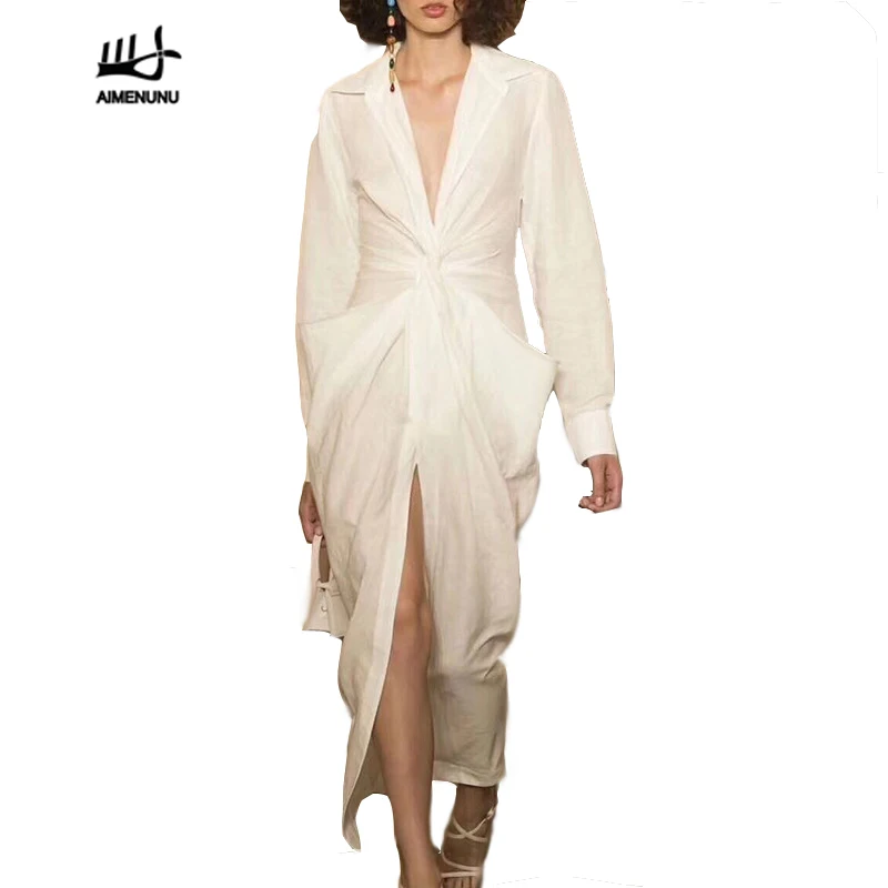 Женское платье рубашка AIMENUNU Повседневное средней длины с v образным вырезом