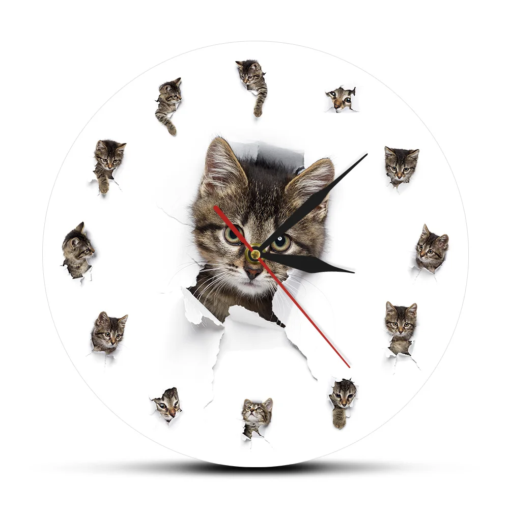 Котята в дыре из бумаги милые детские комнаты настенные часы Kitty играющие