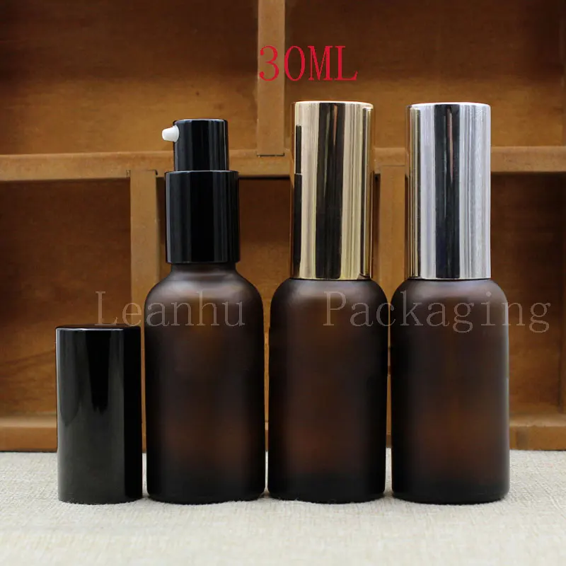 Brown Frosted Glass Essence oil Bottle With Lotion Pump, 30ML Homemade Essential oil Skin Care Storage Empty Cosmetic Containers