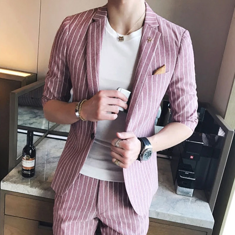 Бесплатная доставка модные летние мужские костюмы terno masculino тонкие полосатые с