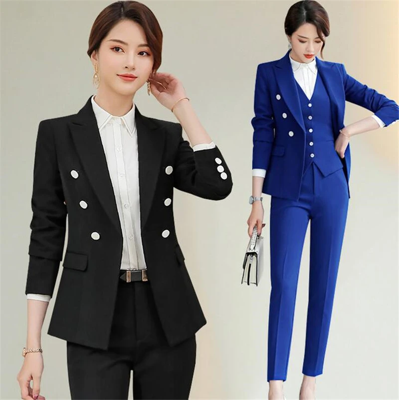High Quality 3 Piece Sets Work Pant Suits OL Single Breasted Women Blazer Jacket& Zipper Trousers& Vest Suit For Women Set