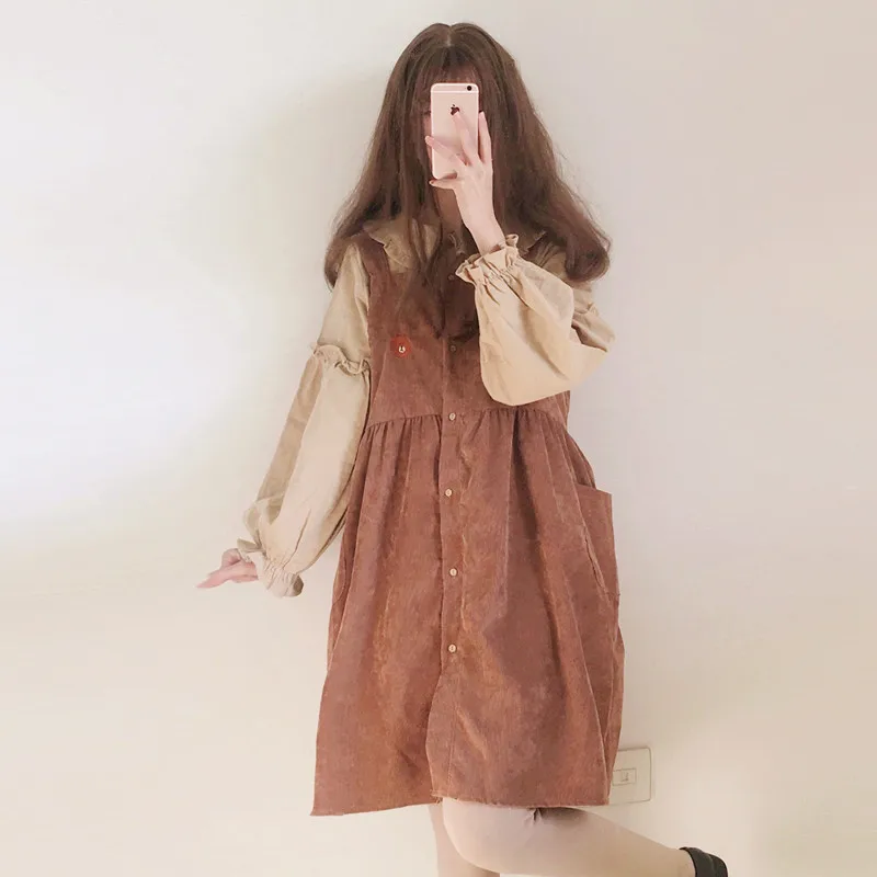 Женские пляжные Повседневные платья в винтажном стиле Kawaii Ulzzang вельветовое