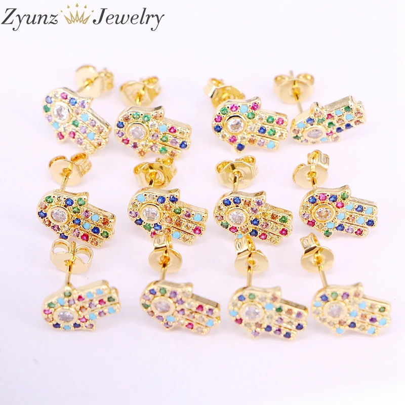 10 пар 9*11 мм серьги гвоздики Lucky Eye Hamsa для женщин с радужным кубическим