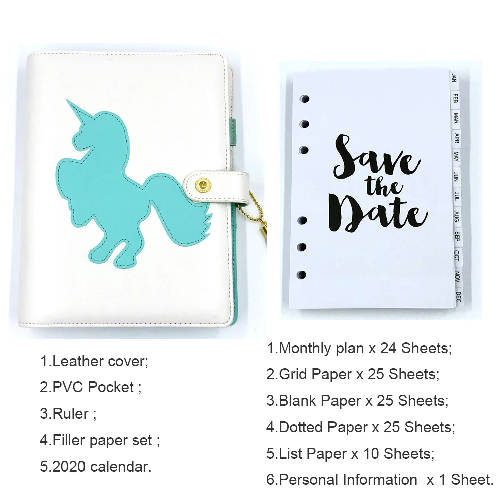 Unicorn basic set С кожаным переплетом, записные книжки и дневники A5A6, ежедневник, органайзер, ежемесячный недельный дневник, Подарочные канцелярские принадлежности - Цвет: Unicorn basic set
