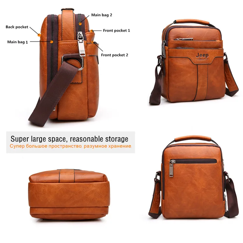 JEEP BULUO Men Messenger Bags Large Capacity Handbag For Man Spliter Leather Shoulder Bag Crossbody Brown Business Male Gifts