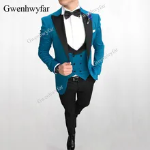Gwenhwyfar, мужской двубортный костюм с жилетом, павлин, синий, свадебный смокинг для жениха, мужские костюмы на выпускной, лучшая мужская одежда, Блейзер, 3 предмета