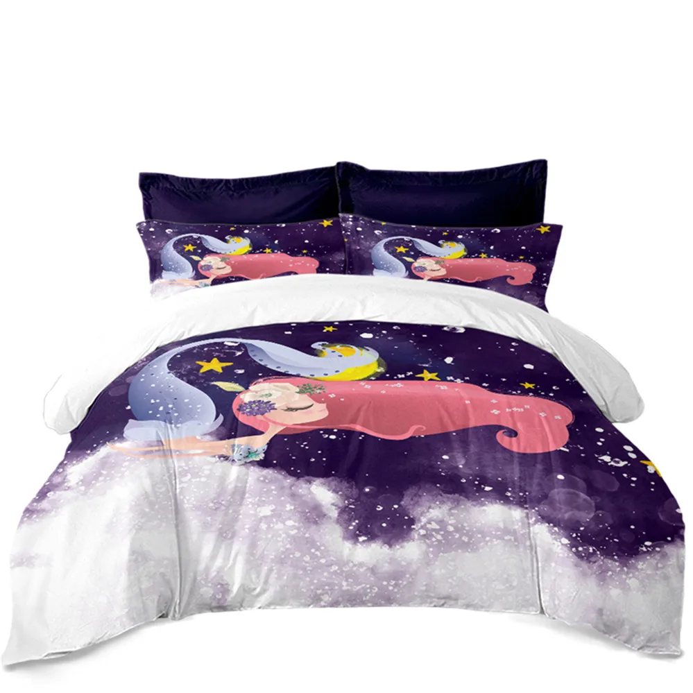 Cartoon Mermaid Bedding Set Girls Sweet Duvet Cover Purple Blue Wave Print Bed Festival Gift Bedclothes Home Decor D49 | Дом и сад
