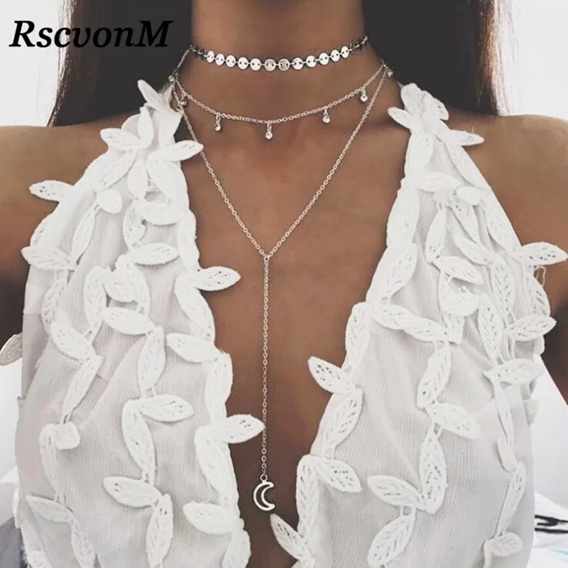 Новинка, 3 слоя, цепочка, ожерелье с рогом, полумесяц, ожерелье, пляж, бохо, ювелирное изделие, минимальный многослойный длинный кулон, колье