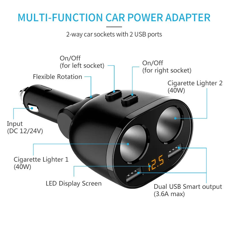 Tikigogo 5 В в 3.6A Dual USB Smart автомобильное зарядное устройство с дисплеем напряжения